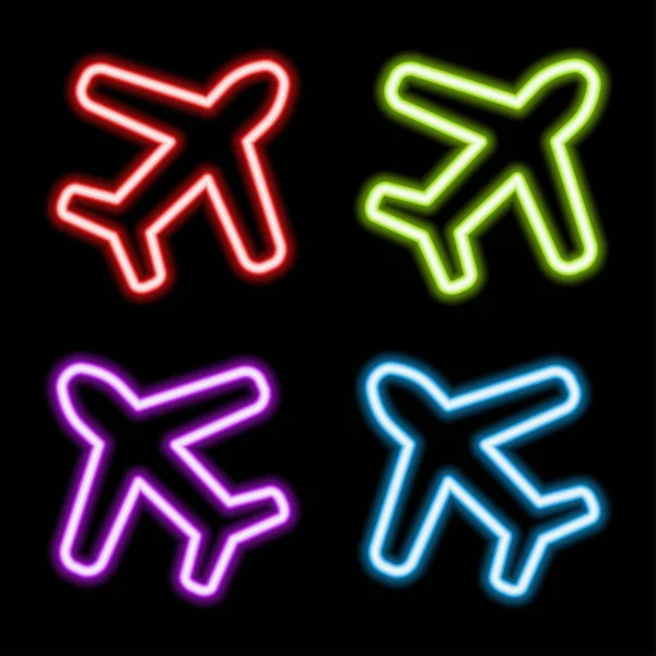 Uçak neon ışığı ikonu. Uçakta. Uçak. Havalimanı parlama işareti. Vektör izole illüstrasyonu — Stok Vektör