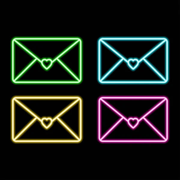 Icono de neón del correo de color con corazón. Ilustración vectorial de sobre de correo de neón que consta de contornos de neón, con retroiluminación sobre el fondo oscuro — Archivo Imágenes Vectoriales