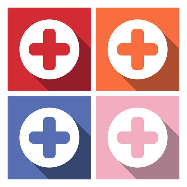Add plus icon in flat style with long shadow. Plus sign, add icon, medical cross, vector pharmacy design, addition button
