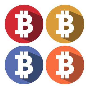 Web sitesi uygulaması, sunum web sitesi, mobil uygulama için uzun gölgeli bitcoin simgelerinin bulunduğu bir çember kümesi. Birçok kullanım için 6 renk. Daire içinde düz bitcoin simgesi