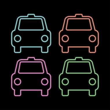 Parlayan neon taksi ikonu koyu arkaplanda izole edilmiş. Vektör İllüstrasyonu