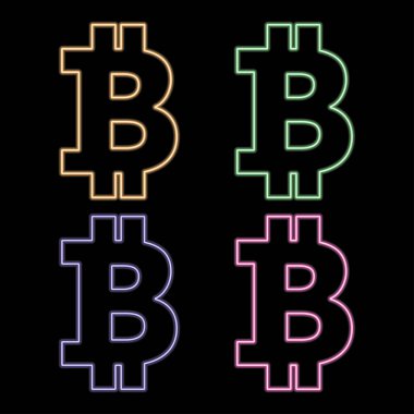 Neon bitcoin sembolü siyah arkaplanda izole edildi. Işık etkisi. Dijital para, maden teknolojisi konsepti. Lazer ışını kripto para birimi logosu. Vektör simgesi.