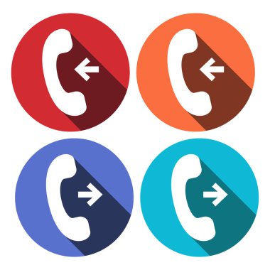 Telefon simgesi - renk çemberlerinde izole edilmiş uzun gölgeli vektör çizimi. Gelen ve giden arama simgesi