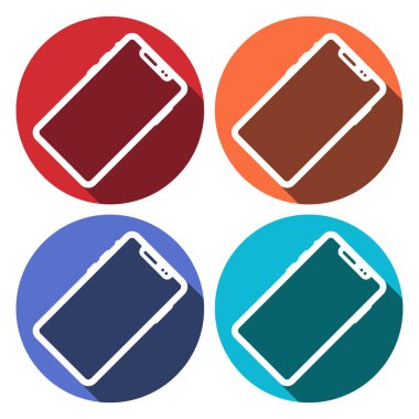 Uzun gölgeli cep telefonu yuvarlak ikonu. Düz tasarım tarzı. Akıllı telefon, basit siluet. Modern daire simgesi, şık renklerde. Web sitesi sayfası ve mobil uygulama tasarım vektör ögesi.