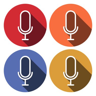 Beyaz Mikrofon simgesi uzun gölgeli. Radyodaki mikrofondan. Sözcü işareti. Renkler düğmeleri yuvarlar. Vektör İllüstrasyonu