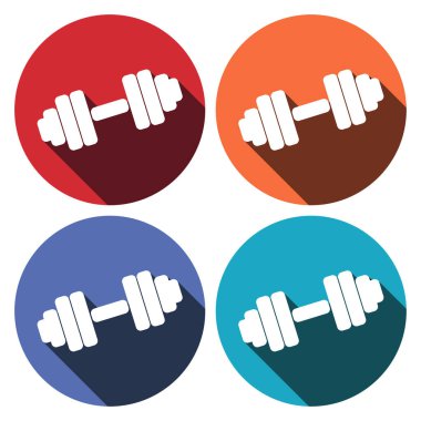 Renkli arka plandaki dambıllar vektör görüntüsü. Uzun gölgeli düz dambıl simgesi. Kolayca düzenlemek için katmanlar gruplandırıldı. Tasarımın için..