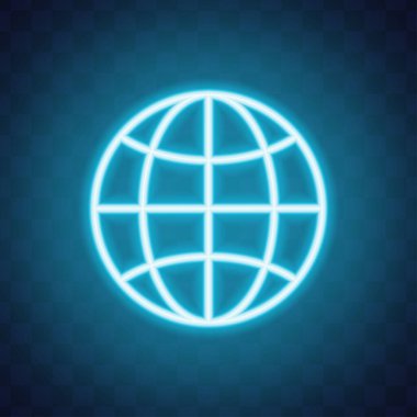 Parlayan neon ışıklı dünya ikonu koyu arkaplanda izole edilmiş. Dünya ya da Dünya işareti. Küresel internet sembolü. Geometrik şekiller. Vektör İllüstrasyonu