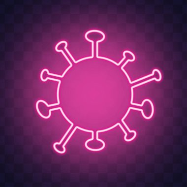 Coronavirus neon levhası. Parlak gece tabelası koyu arkaplan işareti. Neon simgesi ile vektör illüstrasyonu
