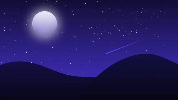 Paesaggio Notturno Con Luna Piena Cielo Stellato Colline — Vettoriale Stock