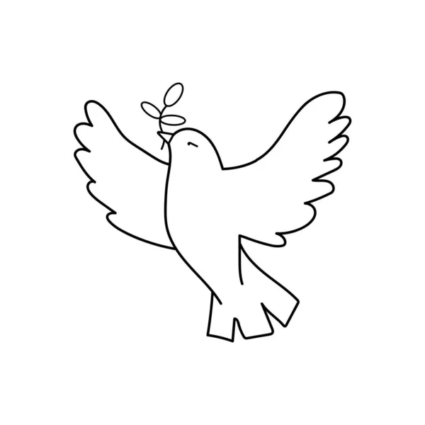 平和の鳩 地球上の平和を象徴するオリーブの枝を持つ鳩とイラスト ラインアートが飛び立った 水墨画 ロゴやデザインのためのラインアート ベクトルイラスト 平和ロゴ — ストックベクタ