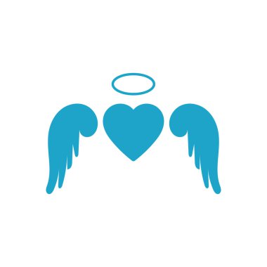 Haleli mavi kalp ya da nimbus. Kanatlı kalp. Sevgililer Günü tabelası. Vektör çizimi, düz tasarım çizgi film tarzı. Beyaz arkaplanda izole.