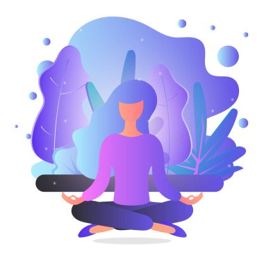Kadın doğa üzerine meditasyon yapıyor ve gidiyor. Yoga, meditasyon, rahatlama, sağlıklı yaşam tarzı kavramları. Moda eğilimli düz bir şekilde vektör illüstrasyonuName.