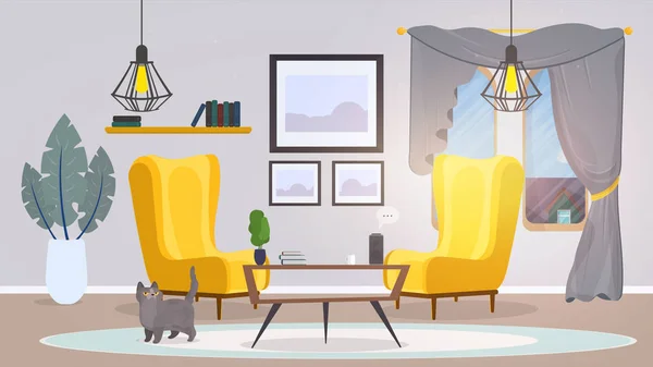 阁楼式的房间 黄色的扶手椅 一张桌子有书 室内植物 时尚阁楼风格内饰 适合横幅设计或动画制作 — 图库矢量图片