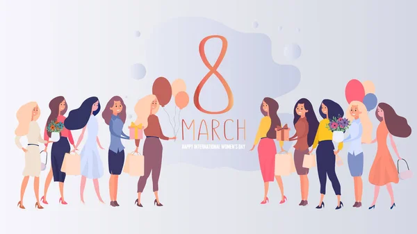Transparent Vom März Glücklicher Internationaler Frauentag Mädchen Mit Geschenken Vektorillustration — Stockvektor