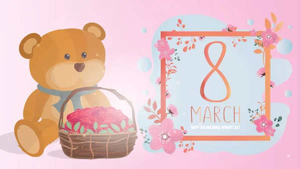 Banner Del Marzo Postal Felicidades Por Día Internacional Mujer Osito — Vector de stock