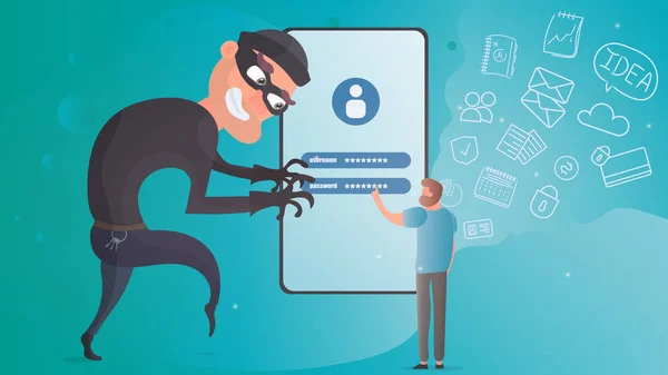 Bir hırsız kullanıcı verilerini çalar. Haydut telefonun şifresini ve verisini çaldı. Akıllı telefon kullanıcı veritabanını hackleme kavramı. Güvensiz bağlantı, çevrimiçi dolandırıcılık, e-posta virüsleri, izometrik düz vektör