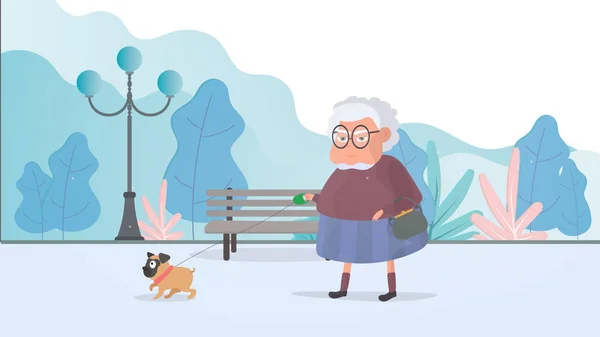 Büyükannem parkta küçük bir köpekle yürüyor. Düz biçim vektör illüstrasyonu.