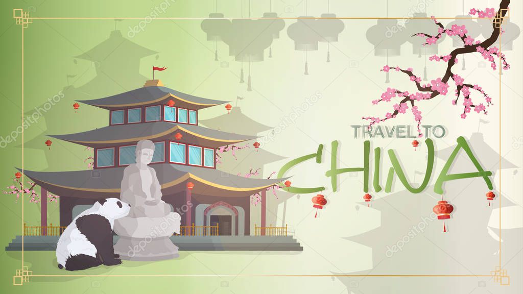 Travel to China banner Vector. Sakura, panda, Buddha statue, Chinese house, red lanterns.Good for travel topics.
