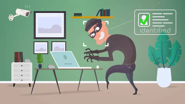家の泥棒だ 監視カメラが泥棒を特定した 強盗はノートパソコンからデータを盗む 安全とセキュリティの概念 平面図ベクトル図 — ストックベクタ