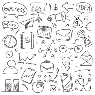 Beyaz arka planda büyük el çizimi iş simgeleri. Doodle tarzı. Vektör illüstrasyonu.