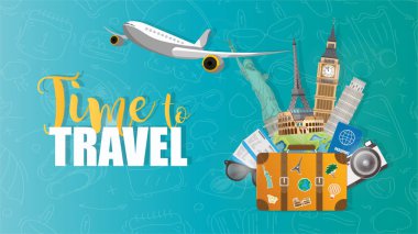 Seyahat zamanı. Seyahat afişi. Dünyayı gezmek için bir bavul. Seyahat reklamları için stok pankartı.