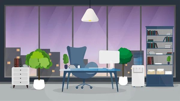 Modern bir ofis tasarımcısı iş yeri tasarımı. Geniş pencereli, çalışma masalı, modern monitörlü, mobilyalı yaratıcı ofis çalışma alanı. Düz minimal tasarım ve pankartta vektör illüstrasyonu
