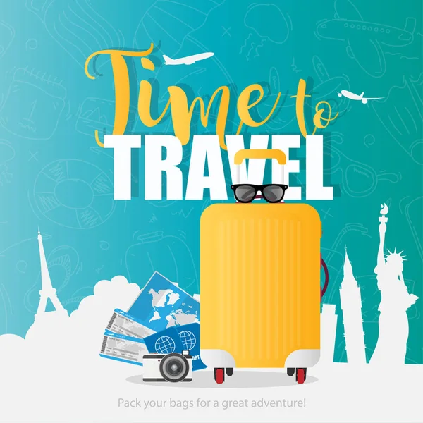 Time Travel Vector Banner Yellow Suitcase Tickets Passports Glasses Camera — 스톡 벡터