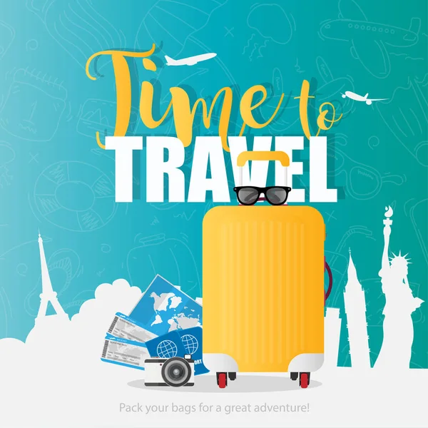 Vektör bayrağını taşıma zamanı. Sarı bavul, biletler, pasaportlar, gözlükler, bir kamera. Turizm ve seyahat reklamları için renkli bir pankart.