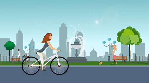 Парк с девочками, девушка на велосипеде, девушка с коляской, девушка с собакой. Фитнес-женщина велосипед набор векторной иллюстрации образ жизни городской пейзаж фоне
