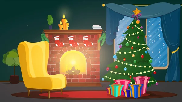 Interior Festivo Sala Natal Véspera Feliz Ano Novo Árvore Natal — Vetor de Stock