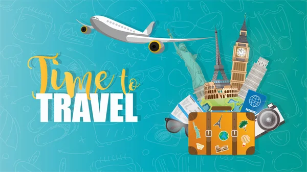 是时候旅行了 旅行的横幅 环游世界 旅行的手提箱 旅游广告的股票横幅 — 图库矢量图片