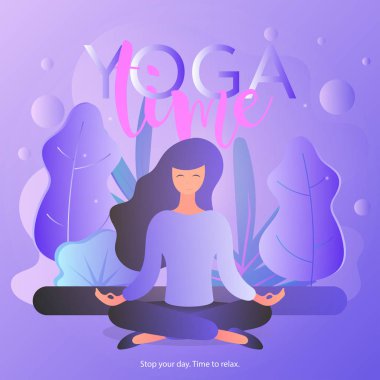 Yoga zamanı pankartı. Kız meditasyon yapıyor. Kız yoga yapıyor. Vektör illüstrasyonu