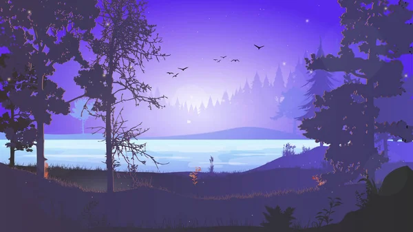 Bosque Nocturno Paisaje Forestal Con Río Por Noche Amanecer Bosque — Vector de stock