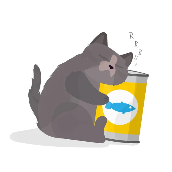 面白いぽっちゃり猫は食べ物の瓶を抱いています 満足した猫のステッカー ポストカード Tシャツ 肯定的なテーマのために良い — ストックベクタ