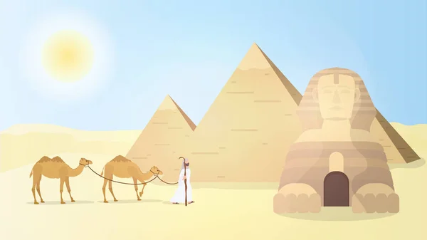 Egyptská Sfinga Pyramidy Poušť Muž Vede Velbloudy Pouští Vektorová Ilustrace — Stockový vektor