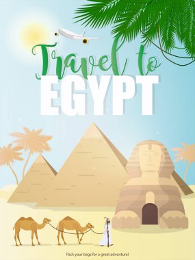 Mısır bayrağına git. Mısır sfenksi, piramitler, palmiye ağaçları ve develer. Mısır 'a reklam turları için çok uygun. Vektör posteri.