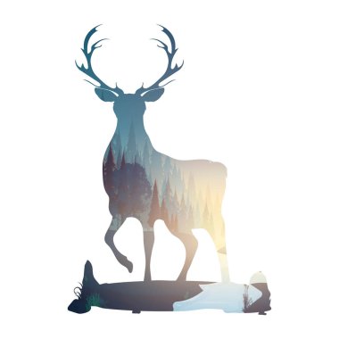 Forest inside a deer. Silhouette of a deer. Inside a mysterious night forest with the moon and flying birds. Good for decorating postcards and t-shirts. Vector illustration isolated.