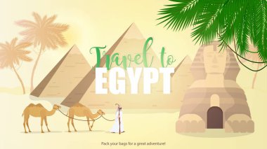 Mısır bayrağına git. Mısır sfenksi, piramitler, palmiye ağaçları ve develer. Mısır 'a reklam turları için çok uygun. Vektör posteri.