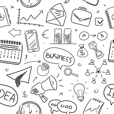 Kusursuz desenli beyaz arka planda büyük el çizimi iş simgeleri. Doodle tarzı. Vektör illüstrasyonu.