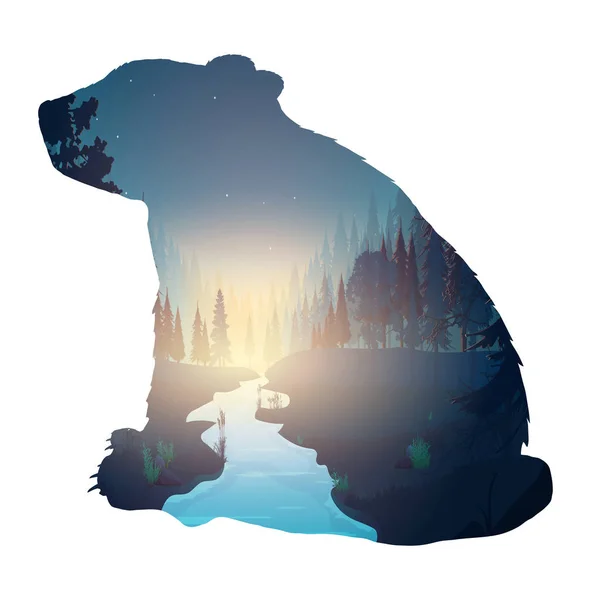 Forest Bear Silhouette Bear Mysterious Night Forest Moon Flying Birds — Stock vektor