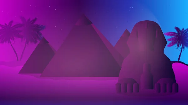 Futuristic Neon Egypt Cheops Pyramids Egyptian Sphinx Desert Vector Illustration — 스톡 벡터