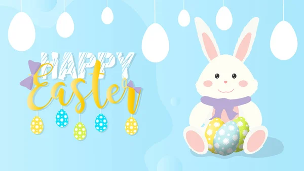 Frohe Ostern Blaues Banner Weißes Kaninchen Mit Farbigen Ostereiern Vektorillustration — Stockvektor