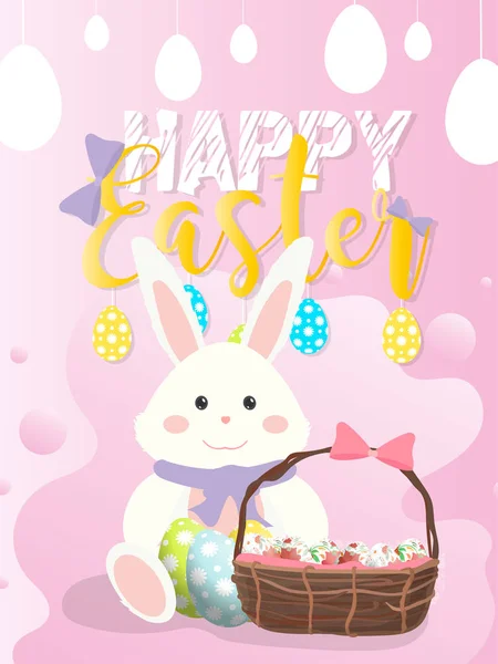 Mutlu Paskalya Pembesi Afişleri Beyaz Tavşan Renkli Paskalya Yumurtalı Sepet — Stok Vektör
