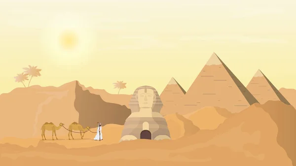 Egyptská Sfinga Pyramidy Poušť Muž Vede Velbloudy Pouští Vektorová Ilustrace — Stockový vektor