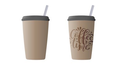 Kahve için siyah kapaklı kahverengi kağıt bardak. Güzel logolu gerçekçi vektör kahve fincanı. Kahve molası. Vektör illüstrasyonu