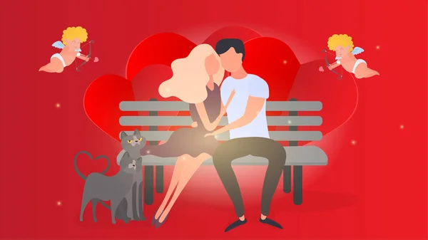 Una Pareja Cariñosa Abrazándose Banco Bandera Roja Novio Chica Gatos — Vector de stock