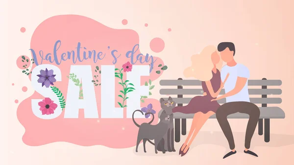 Valentine Day Sale Banner Loving Couple Bench Hug Each Other — 스톡 벡터