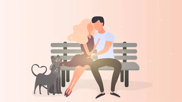 Una Pareja Amorosa Acurrucándose Banco Novio Chica Gatos Abrazos Amor — Archivo Imágenes Vectoriales