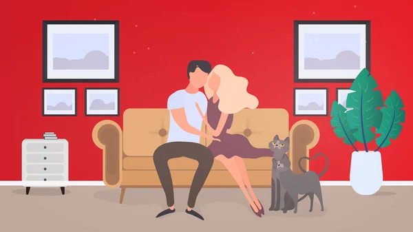 Aimant Couple Assis Sur Canapé Dans Chambre Les Amoureux Embrassent — Image vectorielle