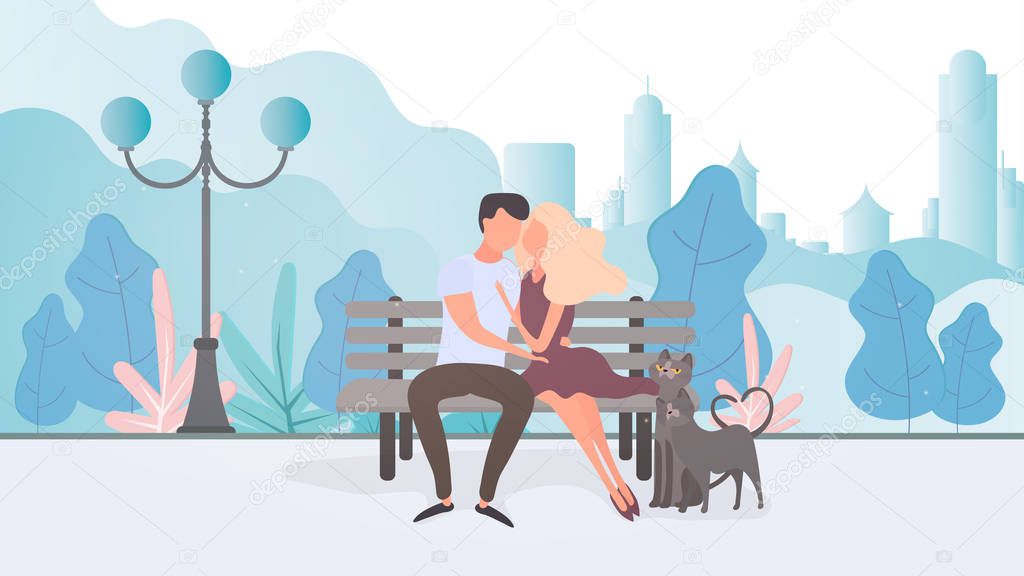 Loving couple cuddling in the park. Loving Boyfriend and girlfriend in a city park. Vector illustration.